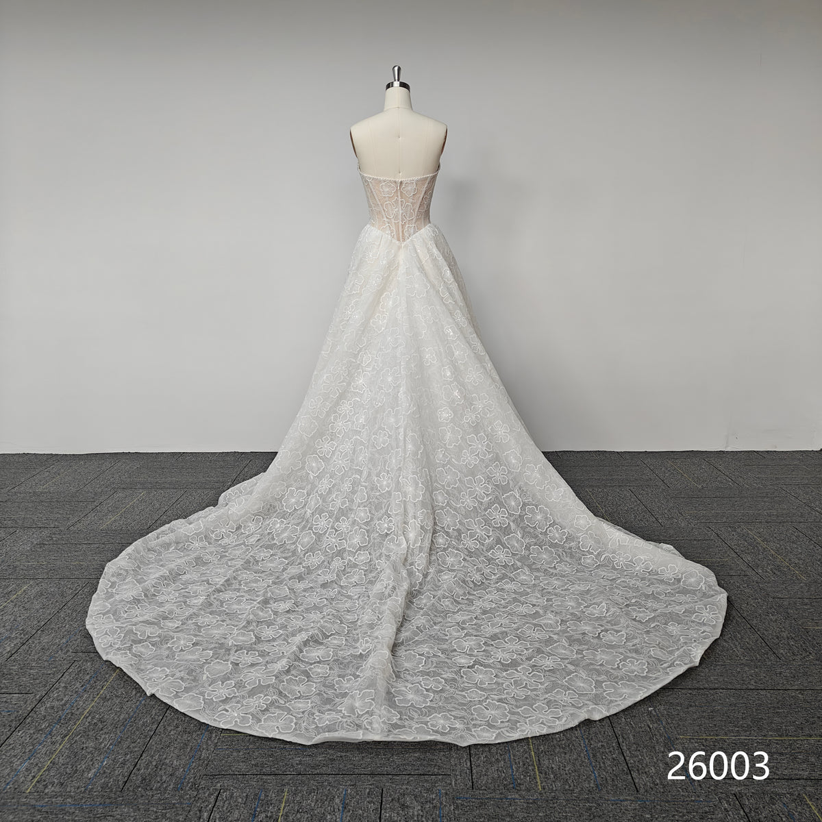 26003 –Elegant A-Line Wedding Dress with Floral Lace and Beaded Details